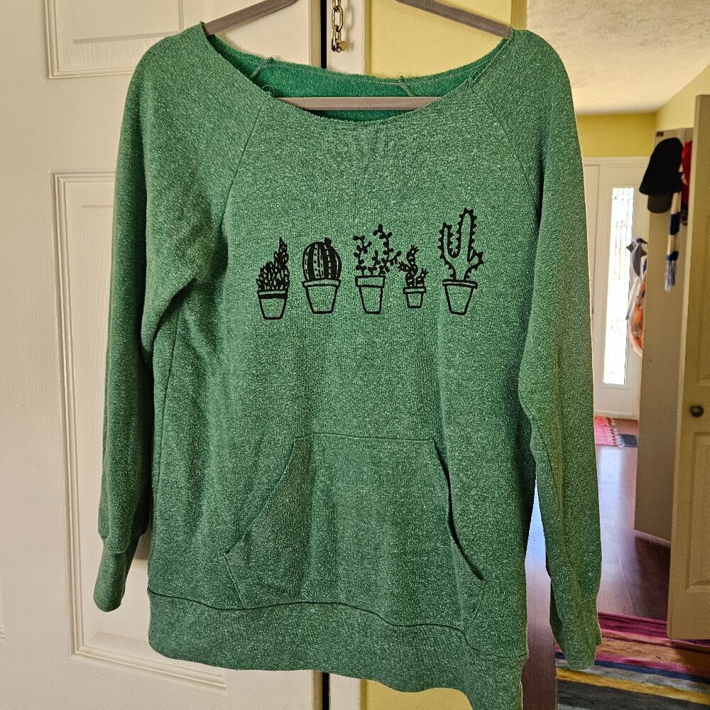 Boatneck/off shoulder green cactus sweatshirt